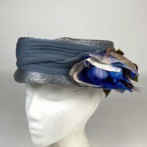 Vintage Kutz Nannette Chapeau Blue Straw Ladies Hat Fabric Wrap Floral Accent